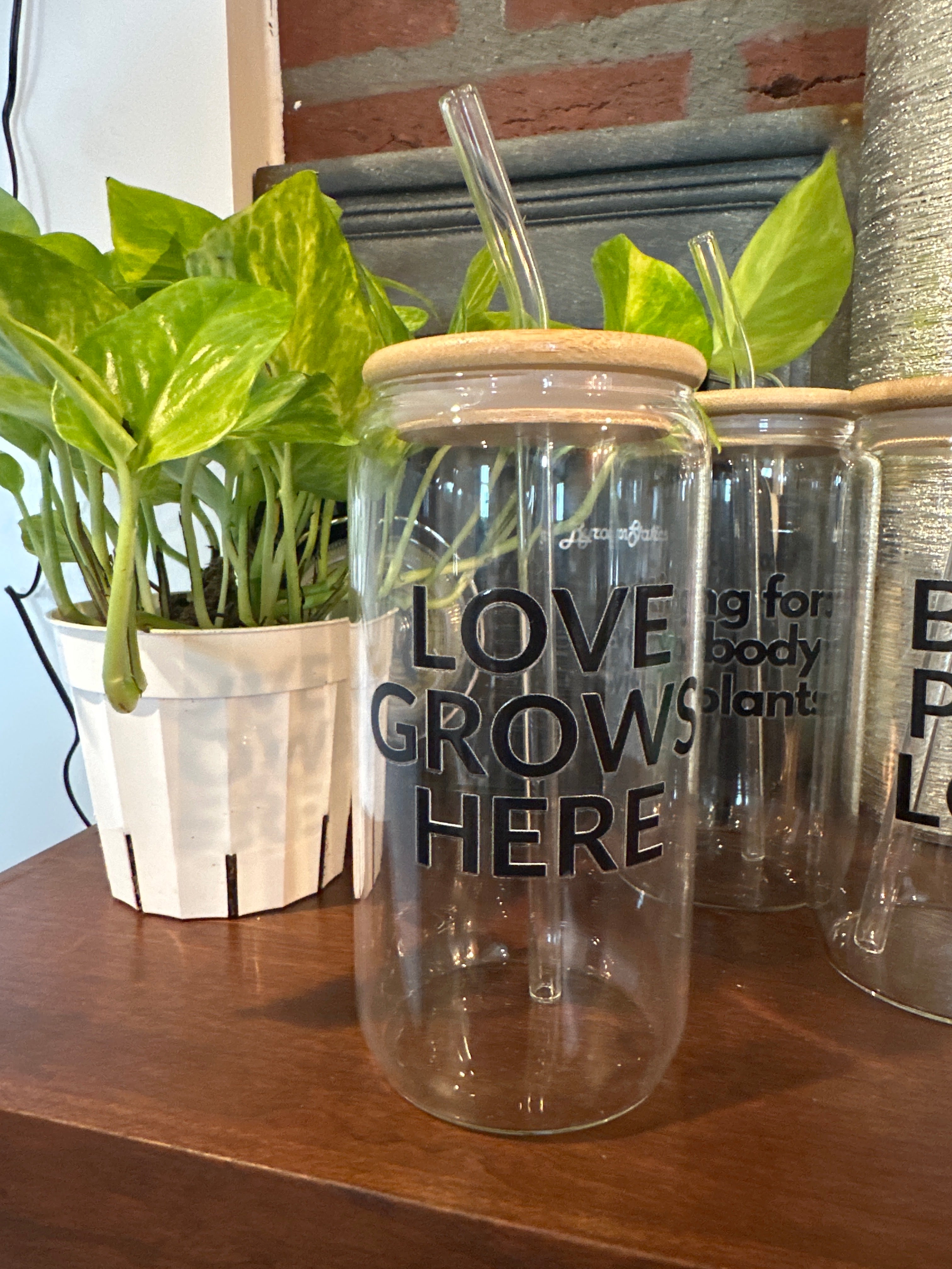 Love Grows Here 16 oz Can Cup w/Straw, Lid, Straw Cleaning Brush & Gift Box