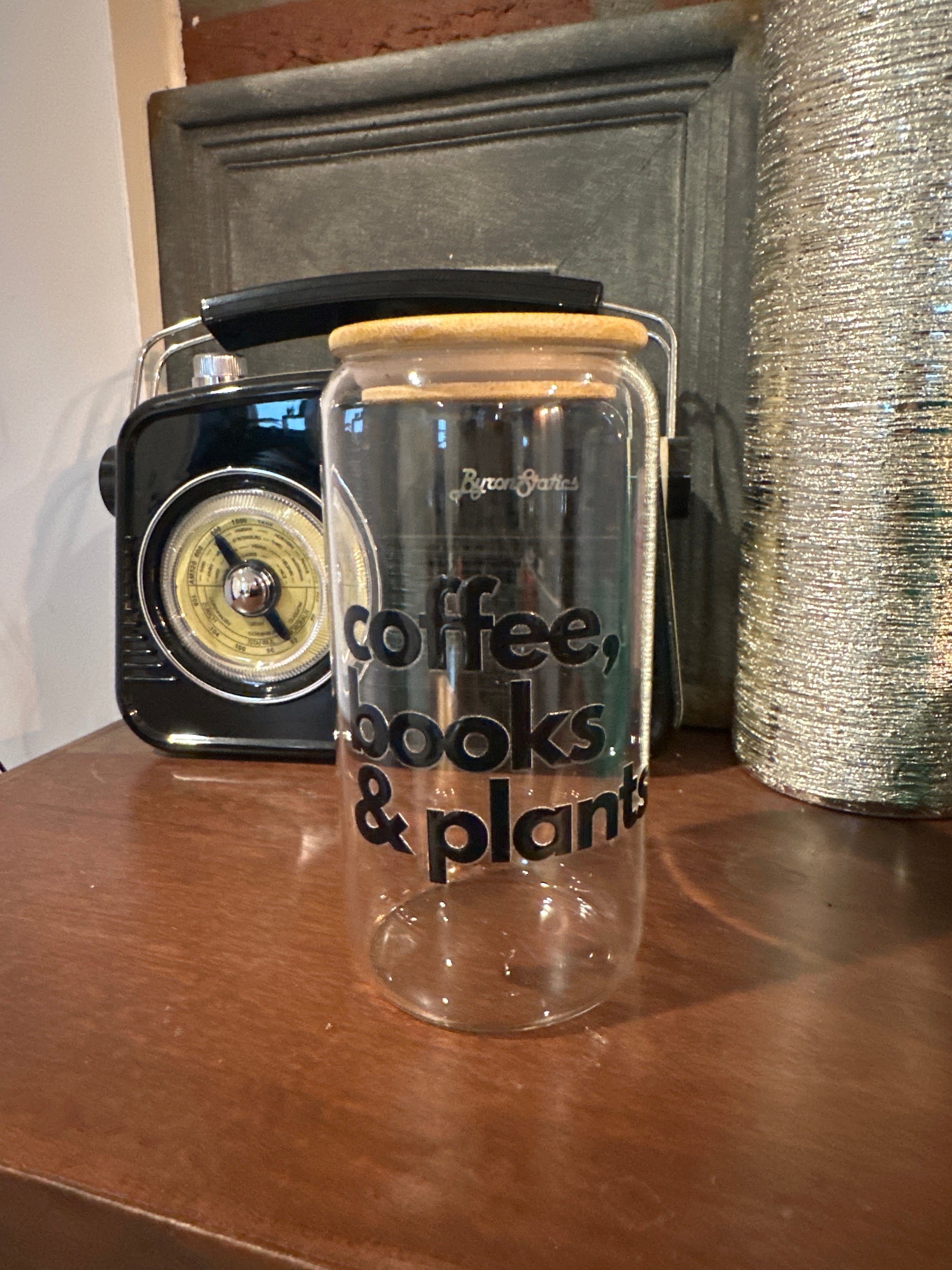 Coffee, Books & Plants 16 oz Can Cup w/Straw, Lid, Straw Cleaning Brush & Gift Box