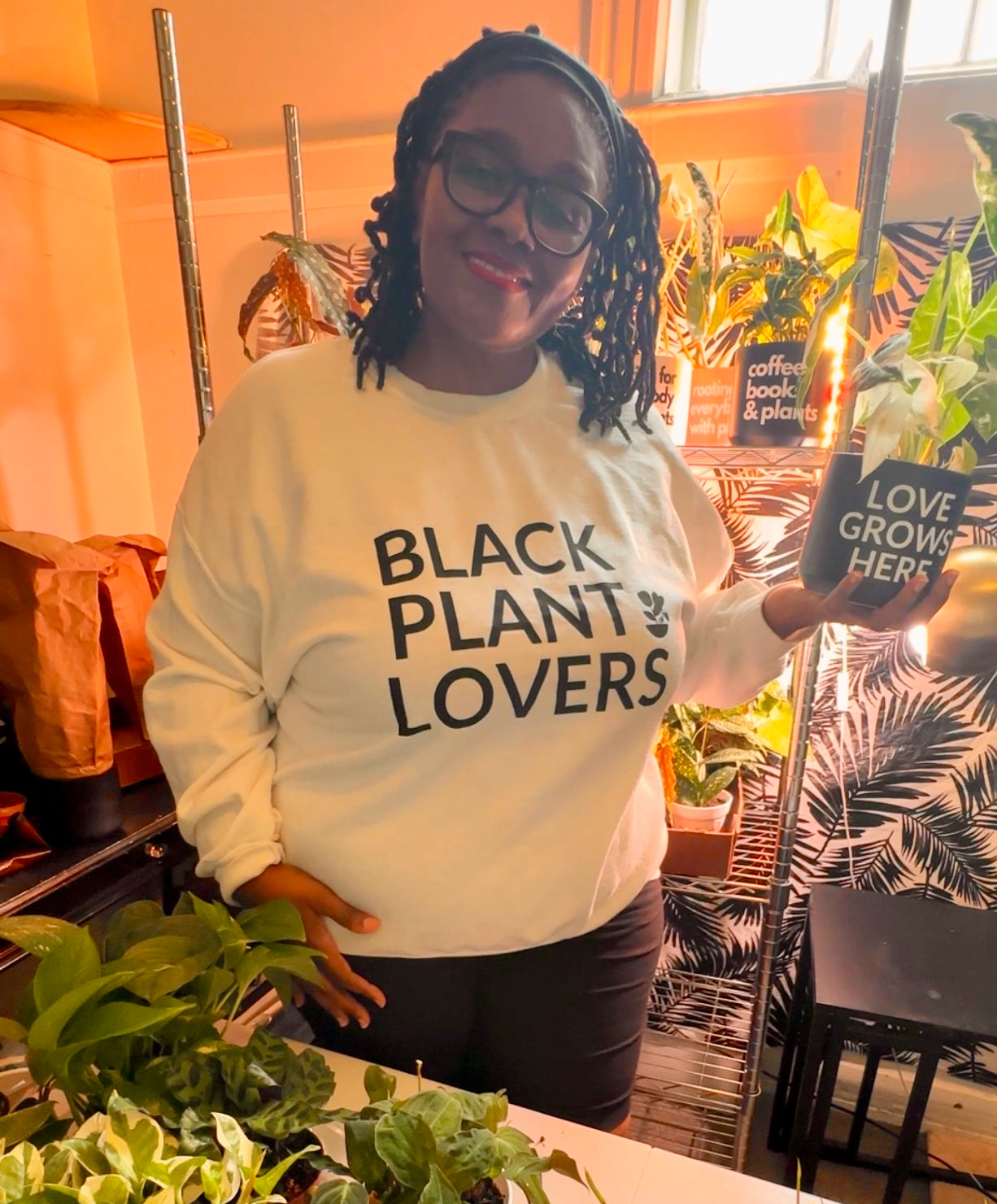Black Plant Lovers Logo Graphic Crew Sweatshirt - White
