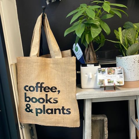Coffee, Books & Plants Burlap Tote (2 Lettering Colors)